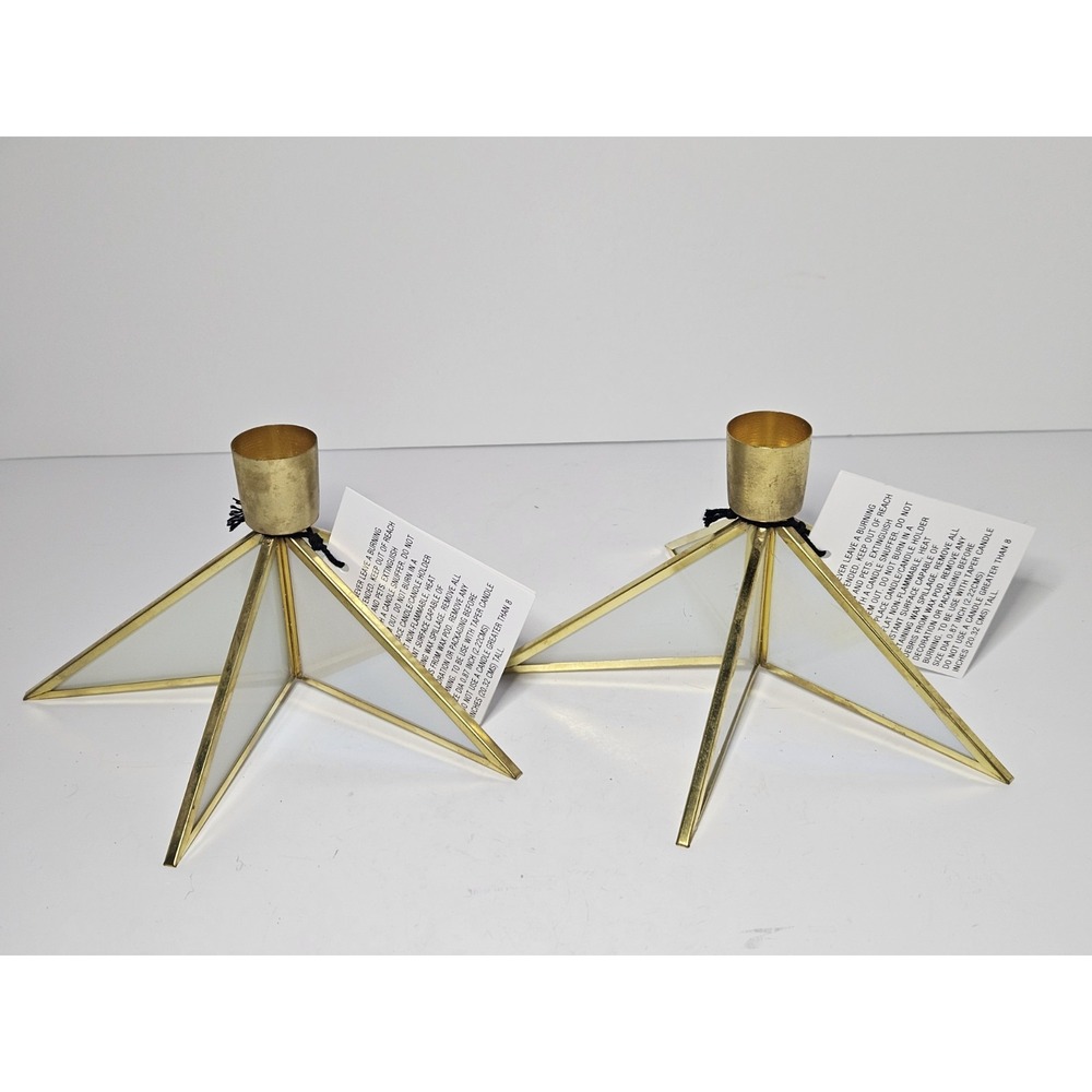 Set of 2 Target Star Taper Candle Holders Gold Brass Leaded Glass Christmas NWT - Picture 3 of 7